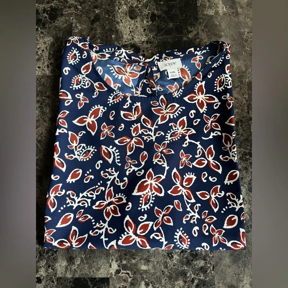 J Crew Women's Short Sleeve Crepe Top Classic Blue Floral Print Blouse Size 3X
